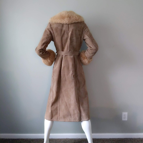Vtg 70s Almost Famous Shearling Collar Cuffs Suede Maxi Wrap Trench Coat XS S - Picture 6 of 7